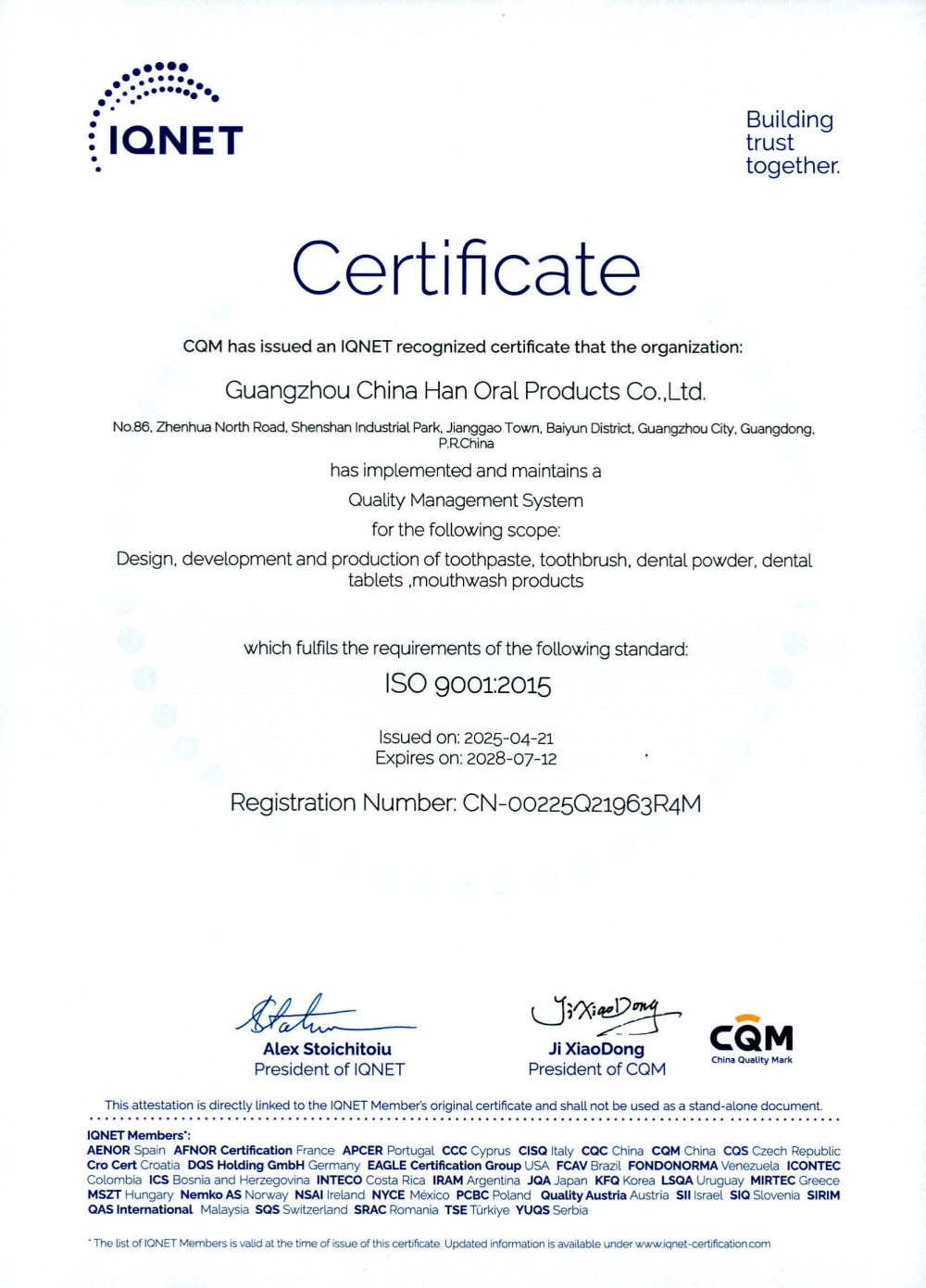 IQNET Quality Management System Certificate